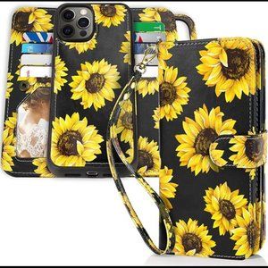 For iPhone 12 Pro Max Sunflower Case Wallet-Magnetic Detachable 2 in 1 Leather